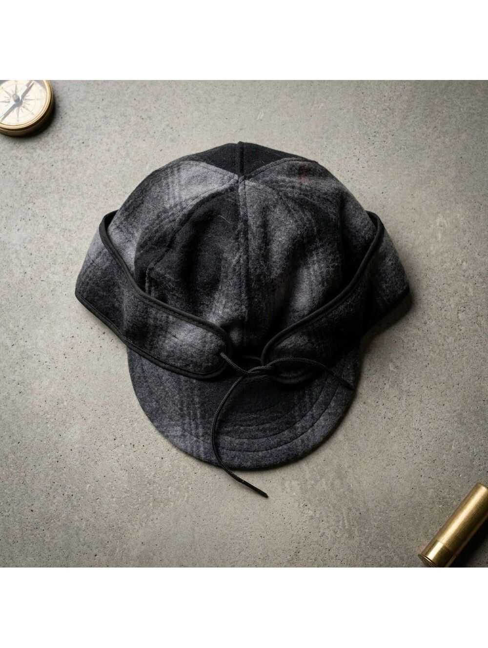 Stormy Kromer Plaid Wool Hat 7 1/8 Black Charcoal Earflap Cap Cabincore Heritage